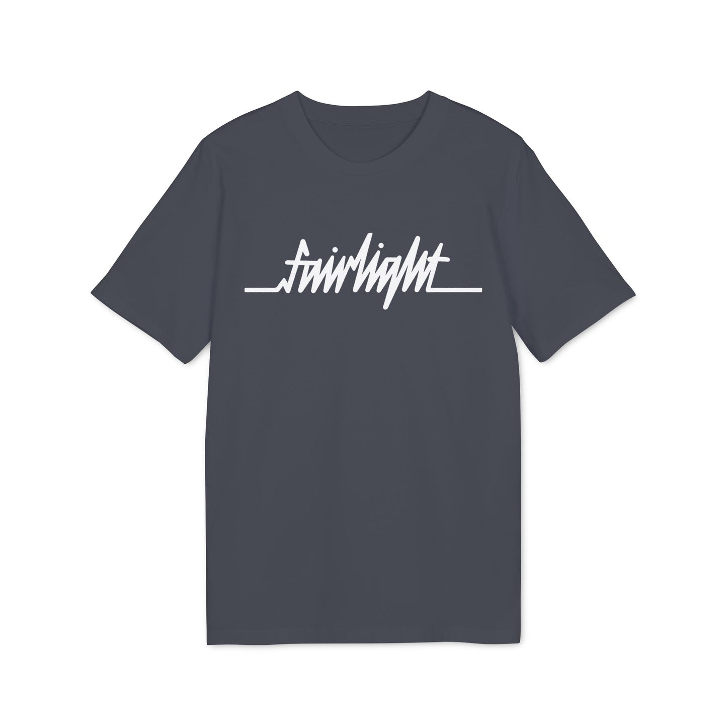 Dark grey t-shirt with white "