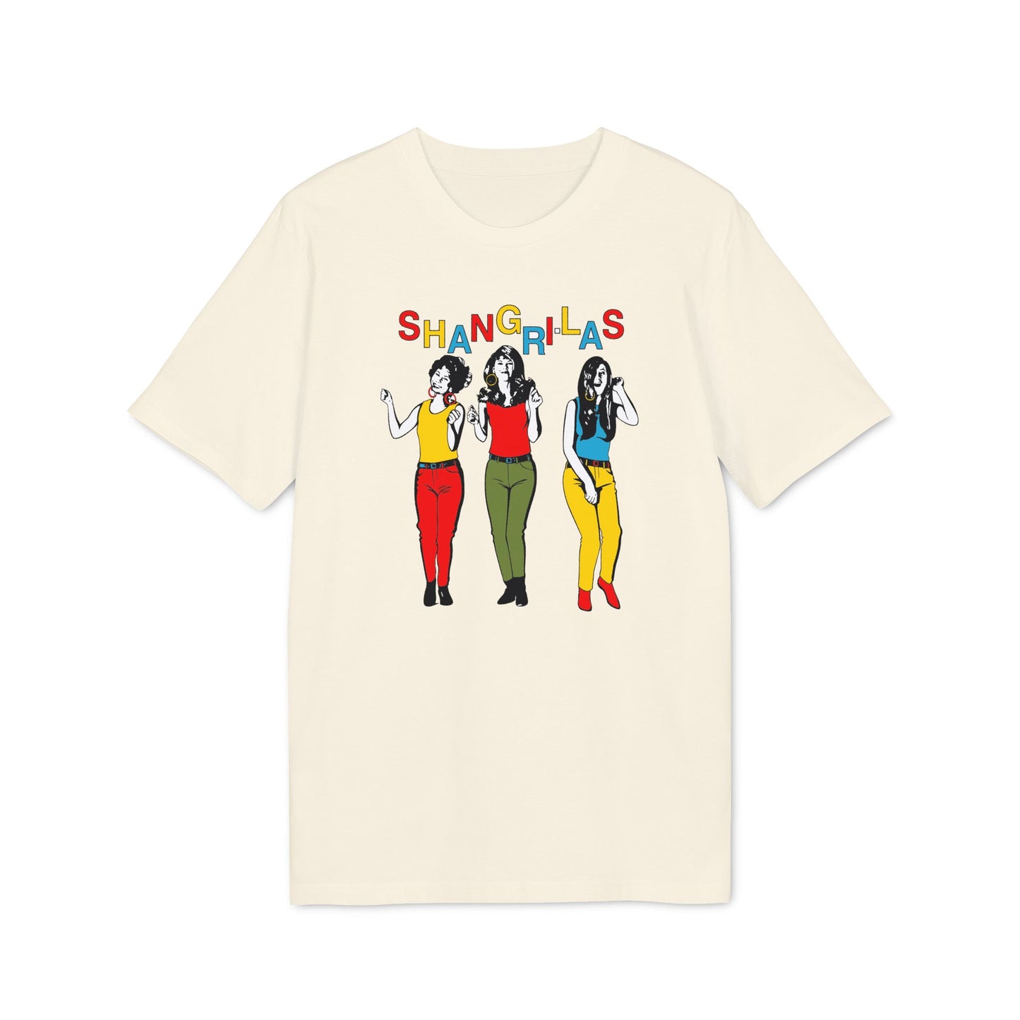 Cream t-shirt with colorful "SHANGRI-LAS" text and illustration of three women.