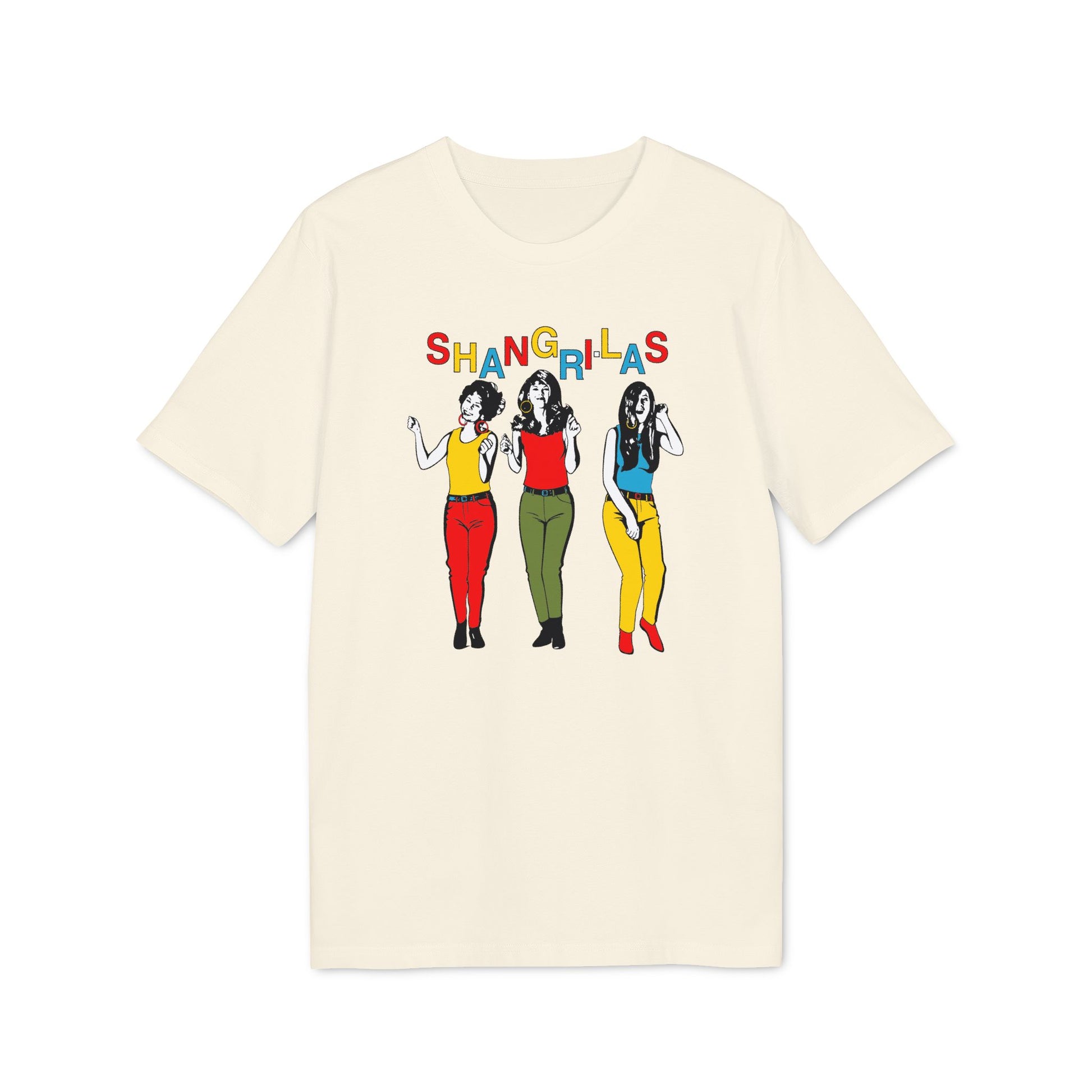 Cream t-shirt with colorful "SHANGRI-LAS" text and illustration of three women.