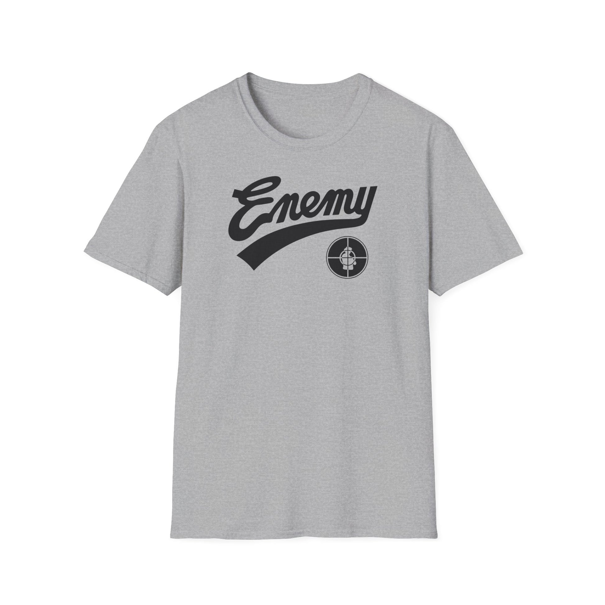 Grey t-shirt with black "Enemy" text and a circular target logo.