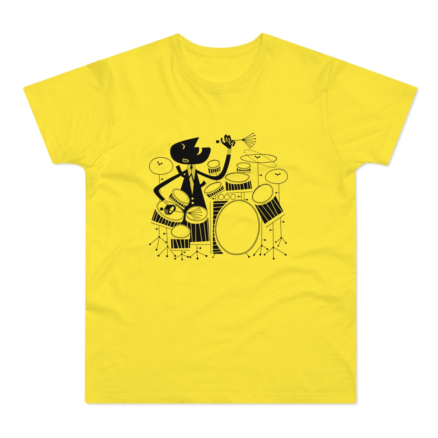 Black illustration of a dapper drummer playing a drum set on a yellow t-shirt.