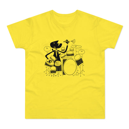 Black illustration of a dapper drummer playing a drum set on a yellow t-shirt.