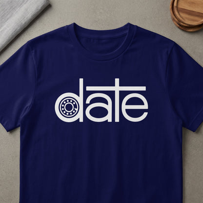 Navy t-shirt with white "date" text, featuring a bearing graphic in place of the "a".