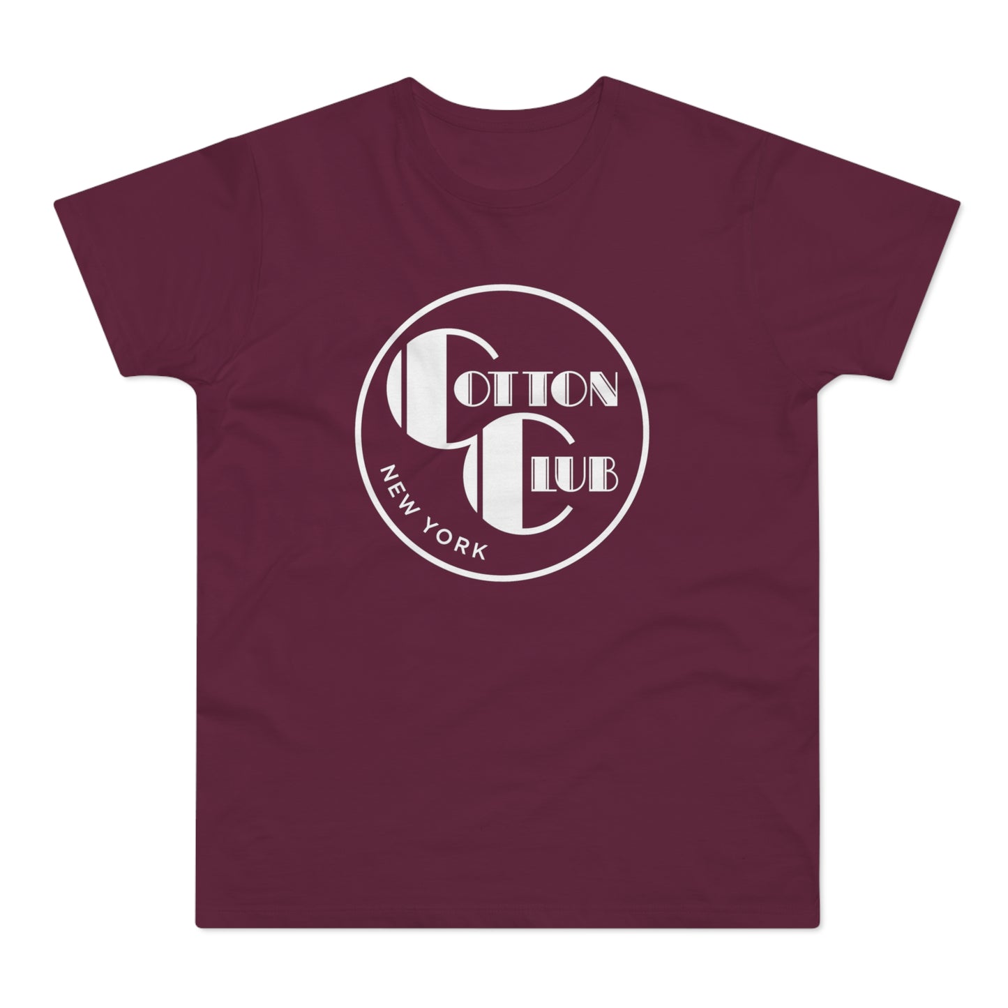 Maroon t-shirt with white circular Cotton Club New York logo.