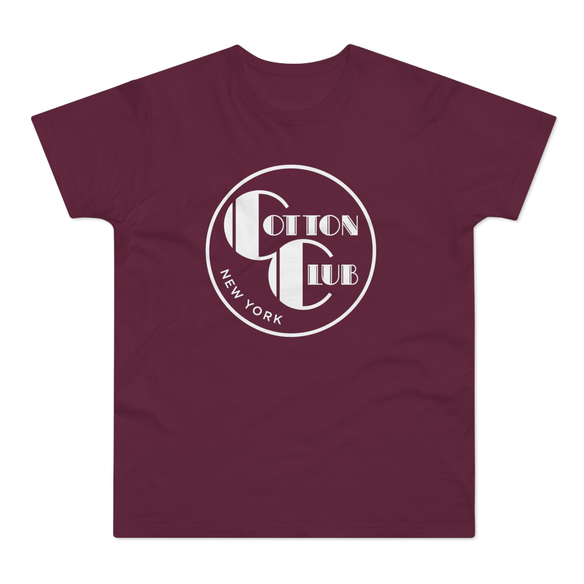 Maroon t-shirt with white circular Cotton Club New York logo.