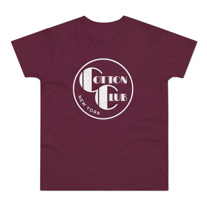 Maroon t-shirt with white circular Cotton Club New York logo.