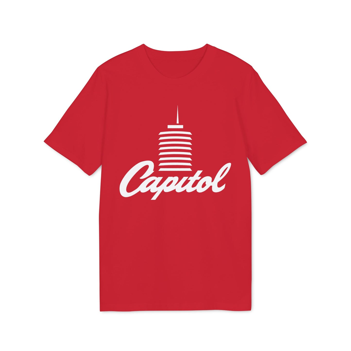 Red t-shirt with white "Capitol" text and building graphic.