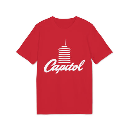 Red t-shirt with white "Capitol" text and building graphic.