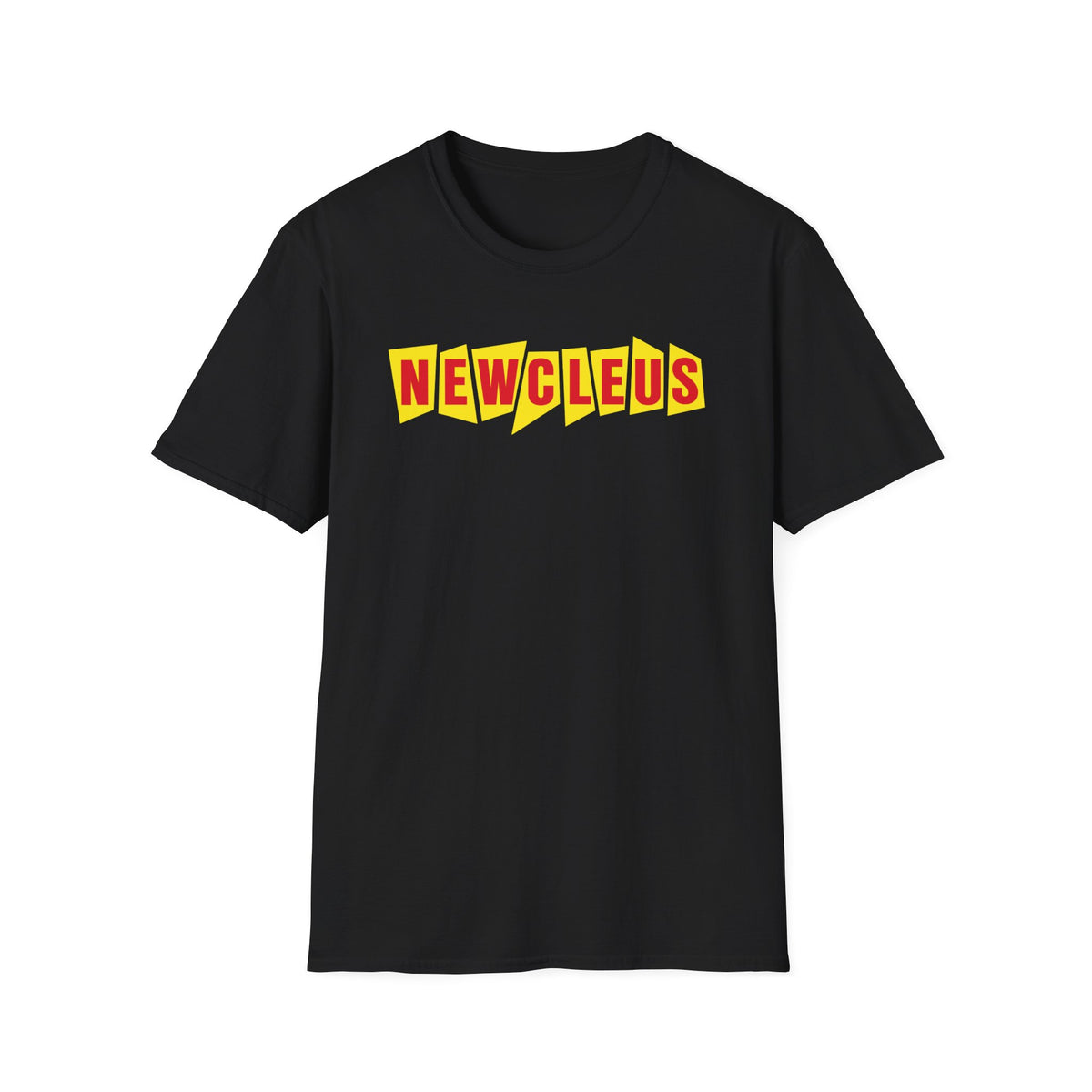Black t-shirt with red and yellow "NEWCLEUS" text.