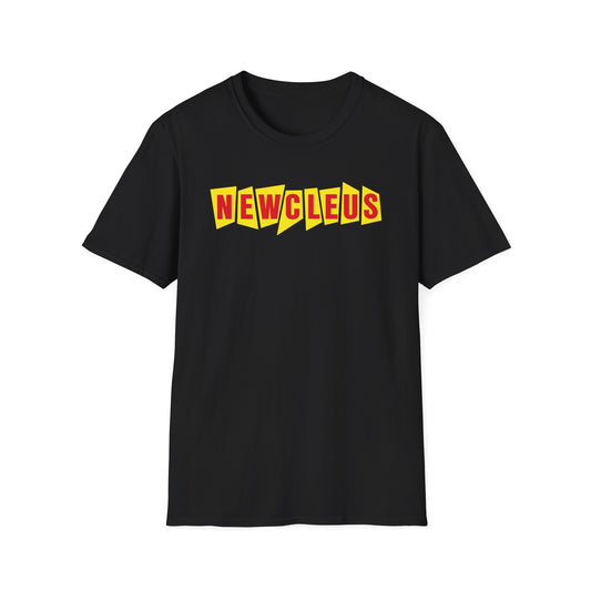 Black t-shirt with red and yellow "NEWCLEUS" text.