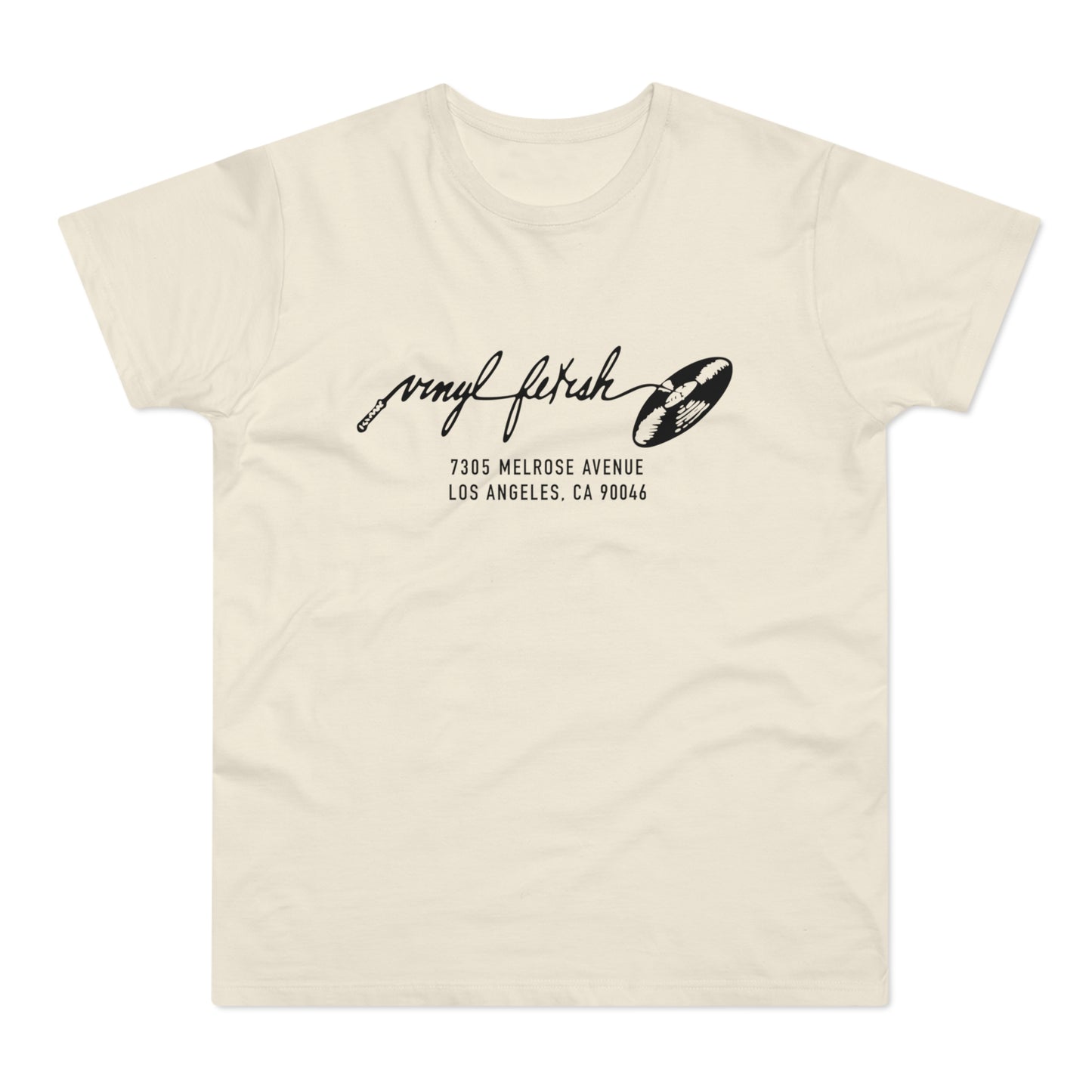 Cream t-shirt with black "vinyl fetish" text and record graphic.