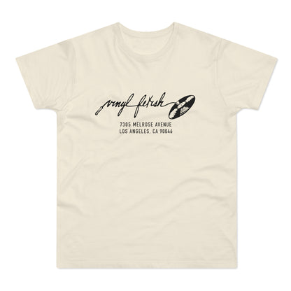 Cream t-shirt with black "vinyl fetish" text and record graphic.