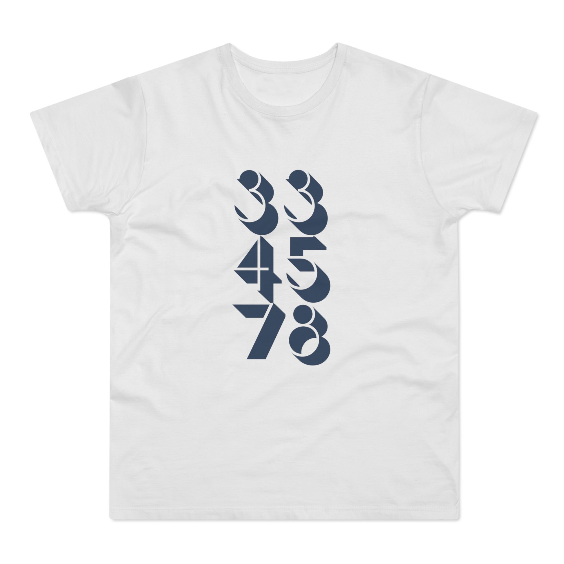 White t-shirt with navy blue geometric numbers 3, 4, 5, 7, 8.