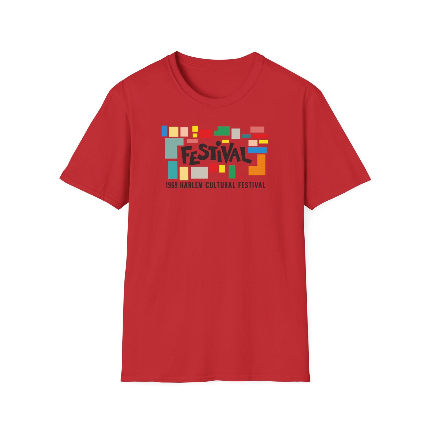Red t-shirt with colorful "FESTIVAL 1969 HARLEM CULTURAL FESTIVAL" graphic.