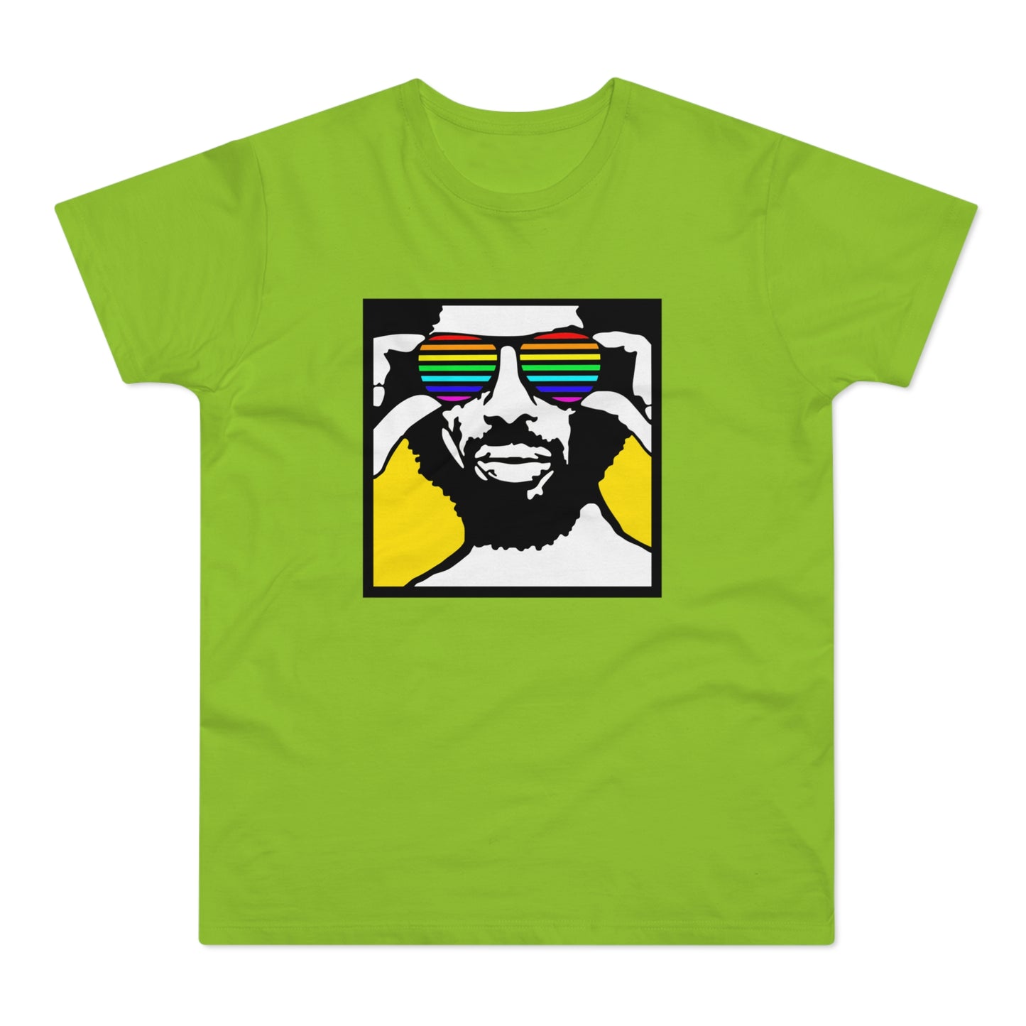 Graphic of a person wearing rainbow sunglasses on a lime green t-shirt.