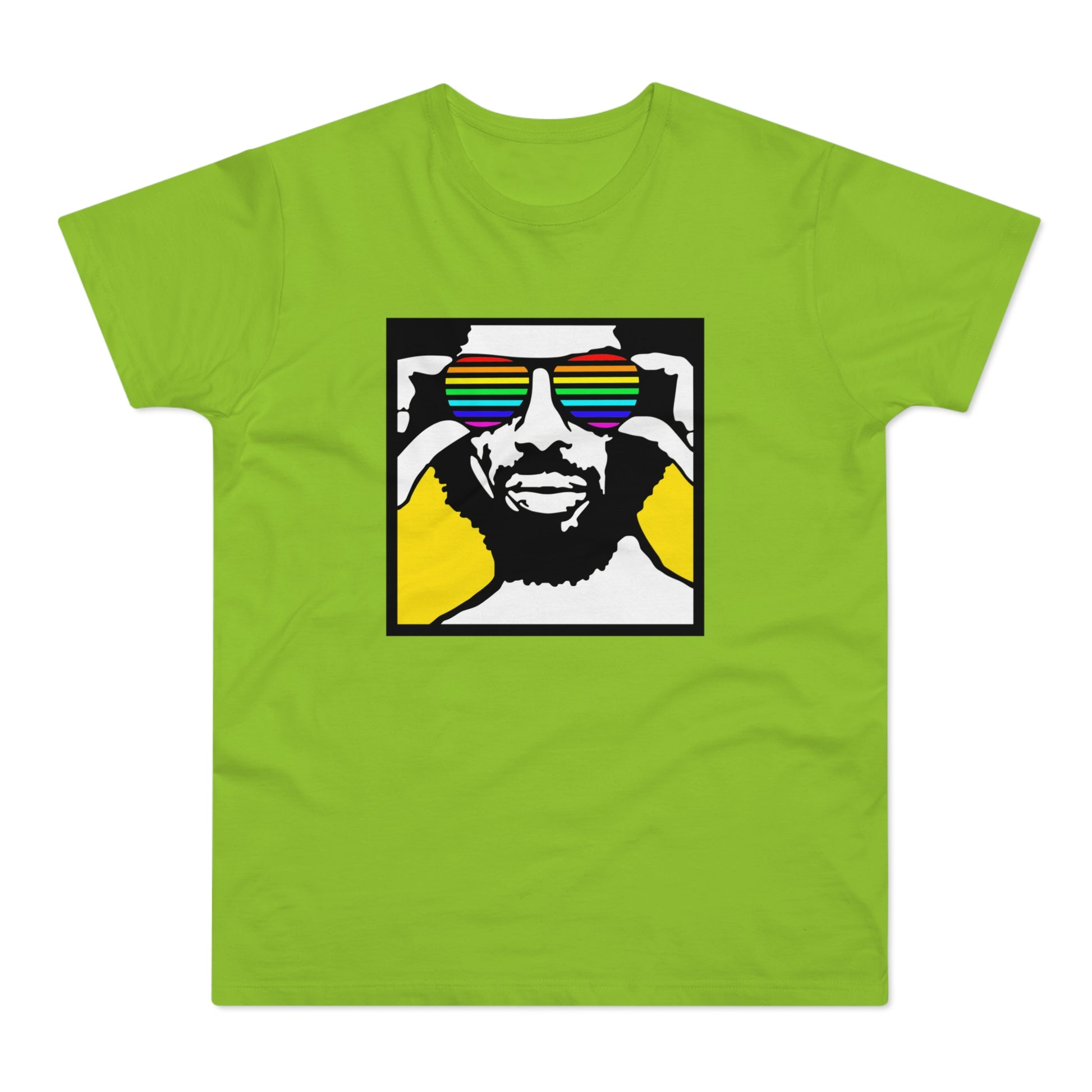 Graphic of a person wearing rainbow sunglasses on a lime green t-shirt.