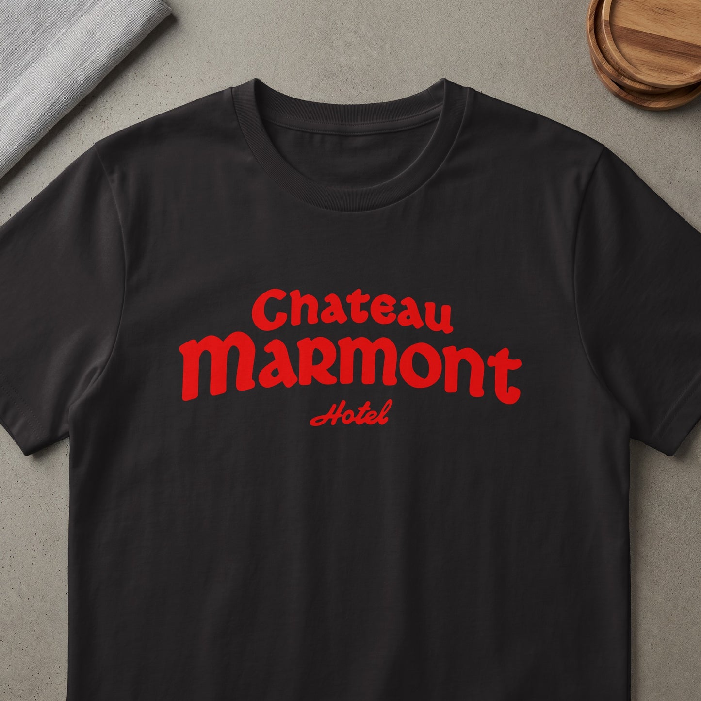 Black t-shirt with red Chateau Marmont Hotel text