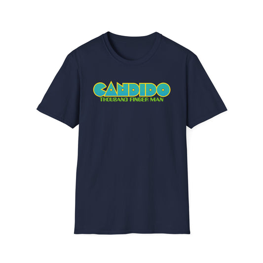 Navy blue t-shirt with "CANDIDO THOUSAND FINGER MAN" text in yellow and turquoise.