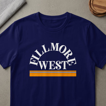 Navy t-shirt with white arched text "FILLMORE" above "WEST" and horizontal orange stripe.