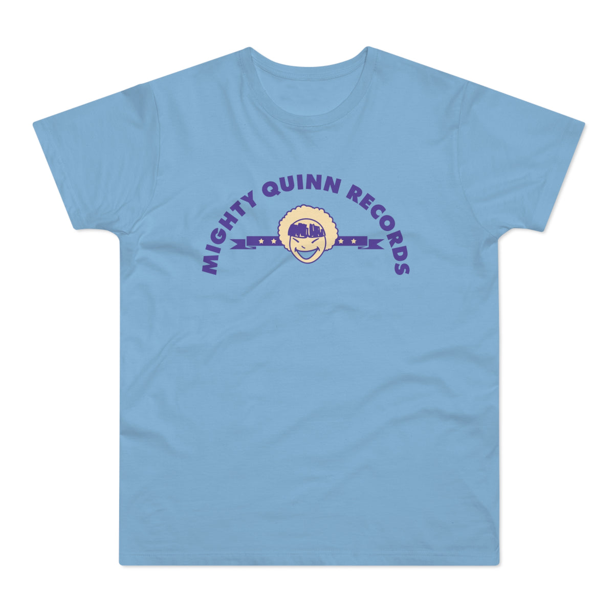 Light blue t-shirt with purple "MIGHTY QUINN RECORDS" text and cartoon face.
