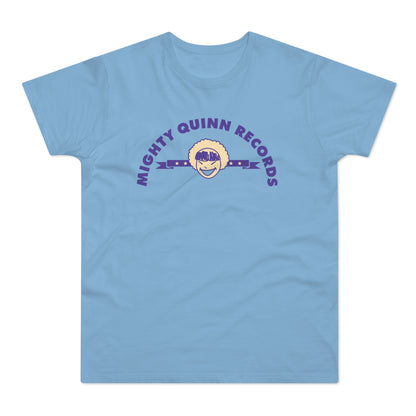 Light blue t-shirt with purple "MIGHTY QUINN RECORDS" text and cartoon face.