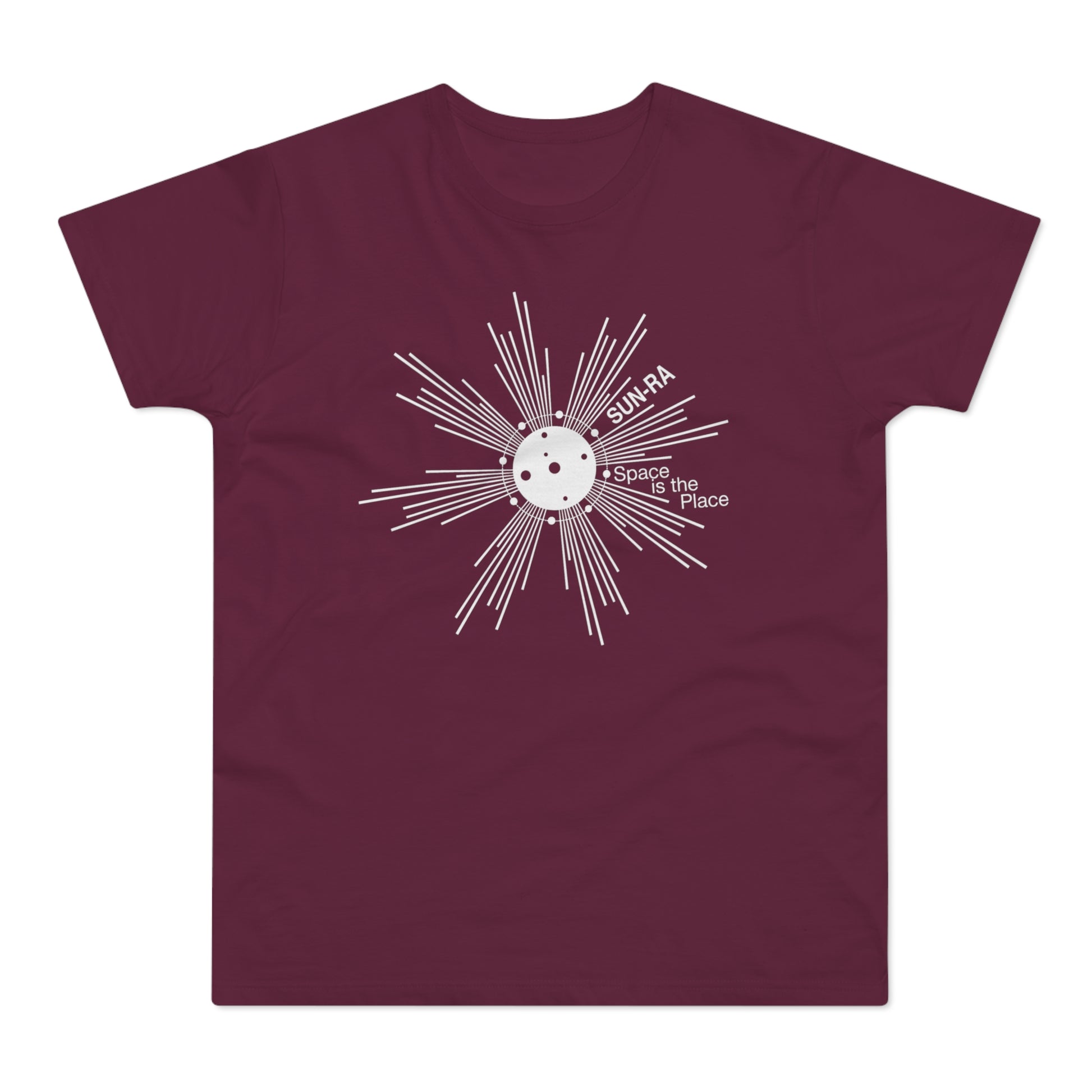 Maroon t-shirt with white "SUN-RA Space is the Place" text and graphic.