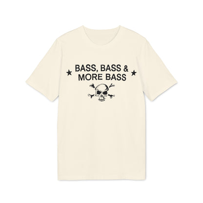 Cream t-shirt with black text reading "BASS, BASS & MORE BASS" and a skull with crossbones.