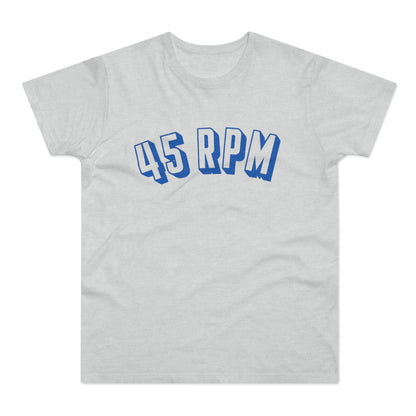 Light grey t-shirt with blue "45 RPM" text in a bold, 3D font.