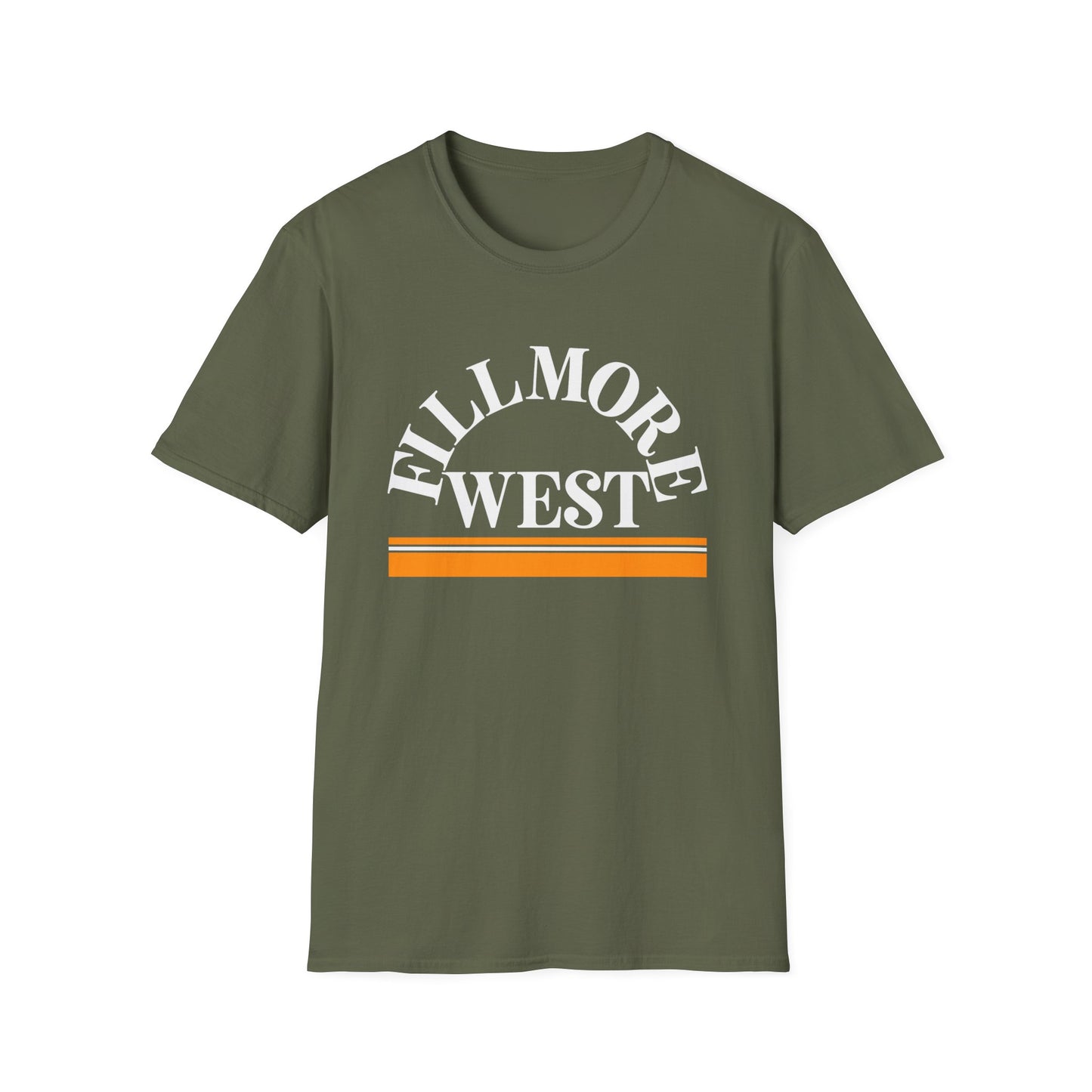 Olive green t-shirt with white "FILLMORE WEST" text and orange stripes.