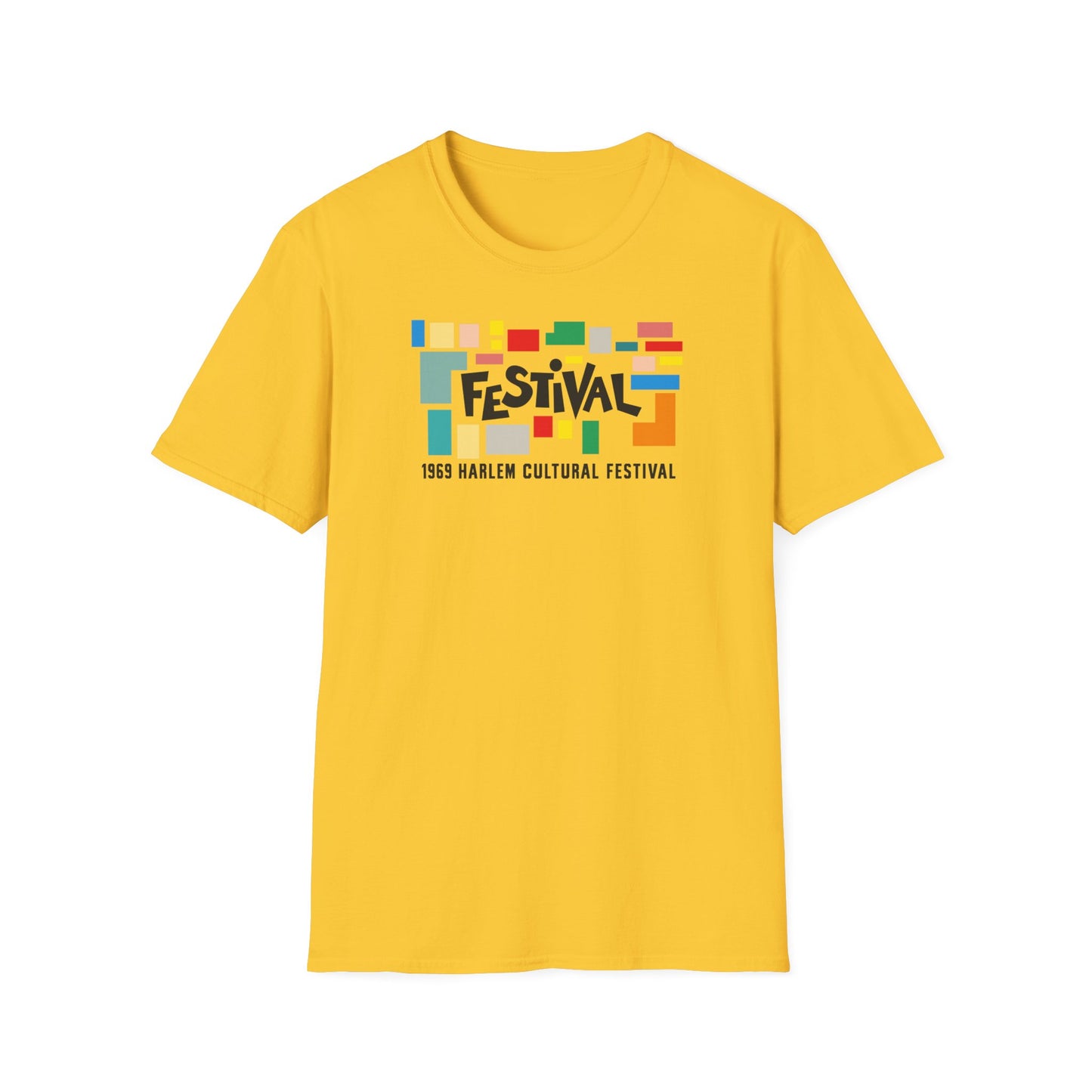 Yellow shirt with colorful "FESTIVAL 1969 HARLEM CULTURAL FESTIVAL" text design.
