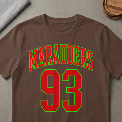 Brown t-shirt with red and green "Marauders 93" graphic design.