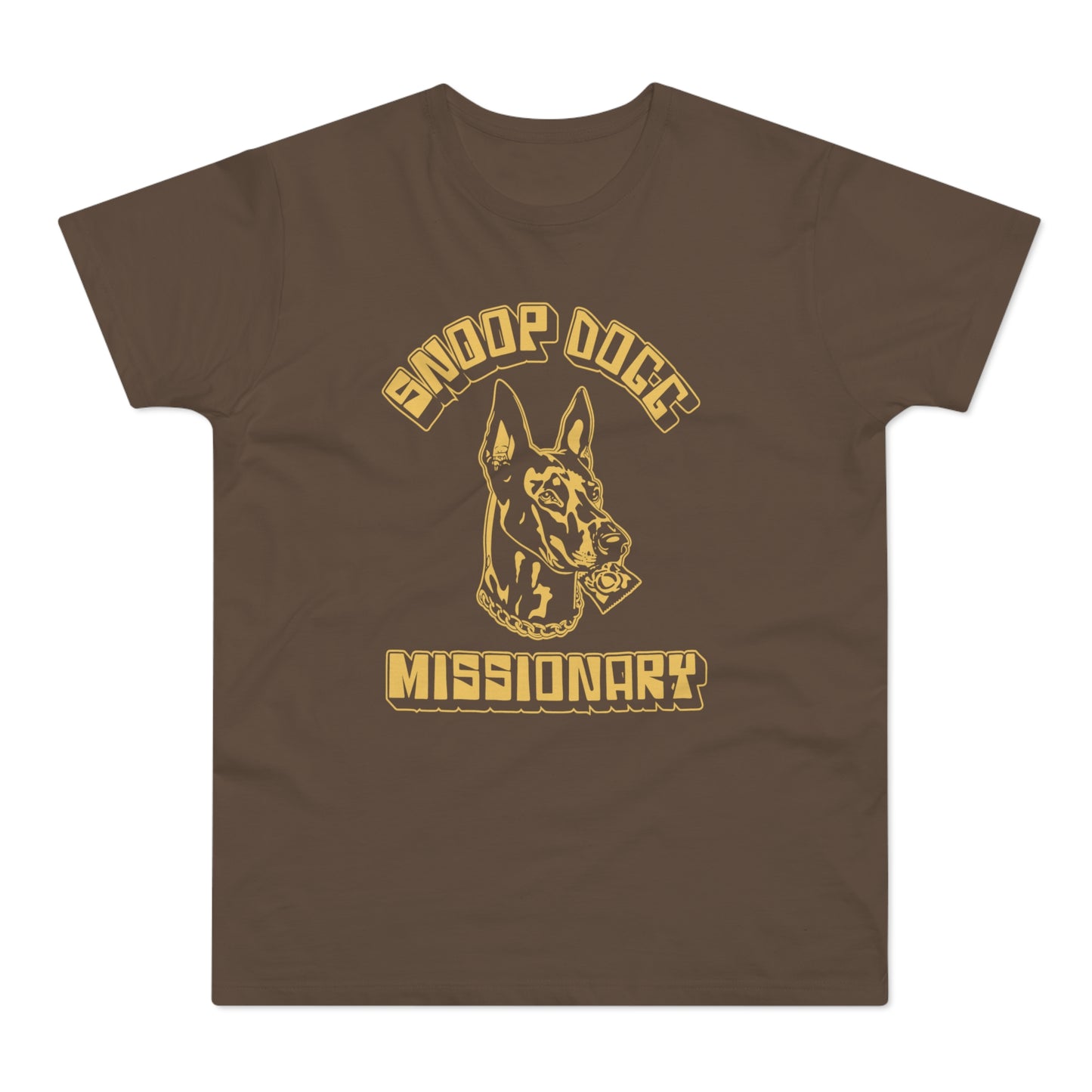 Brown t-shirt with "Snoop Dogg Missionary" text and dog graphic.