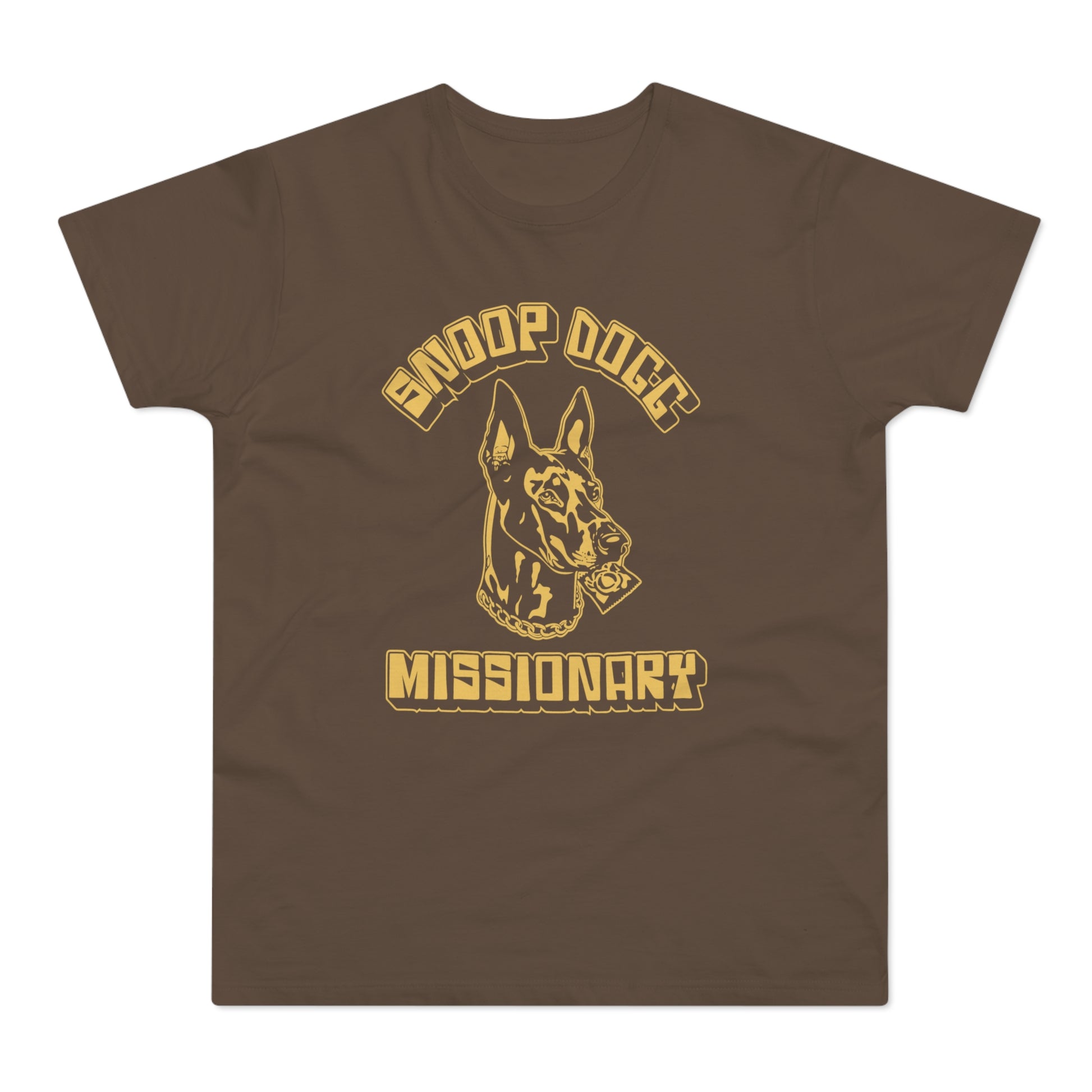 Brown t-shirt with "Snoop Dogg Missionary" text and dog graphic.