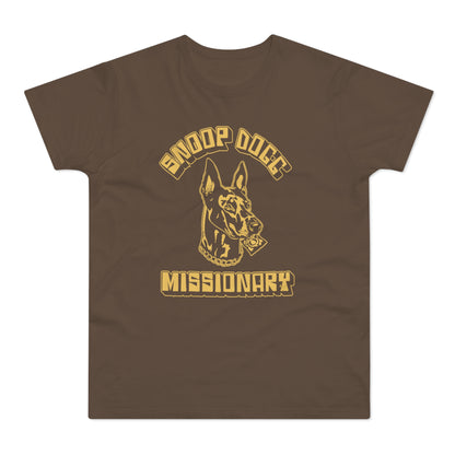 Brown t-shirt with "Snoop Dogg Missionary" text and dog graphic.