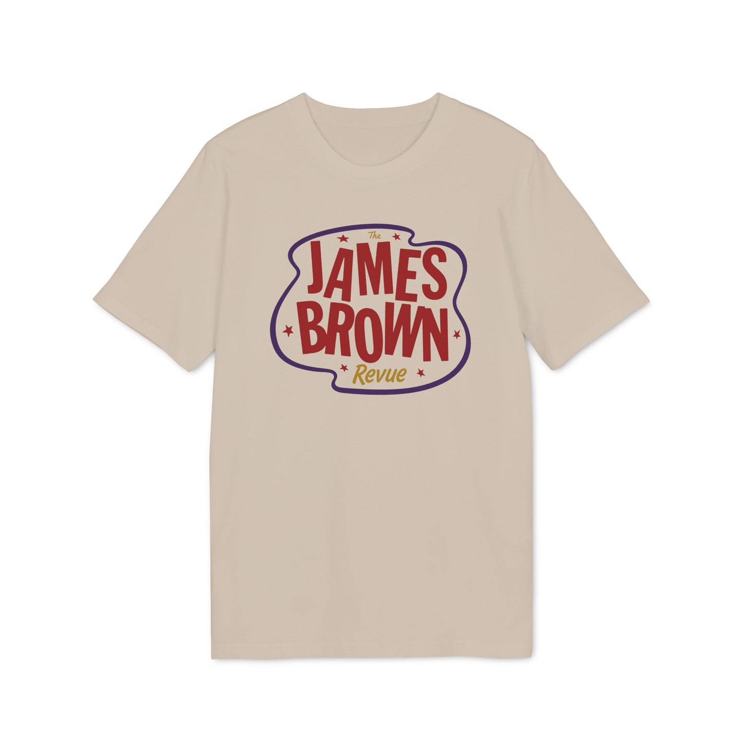 Tan t-shirt with The James Brown Revue logo in red and purple.