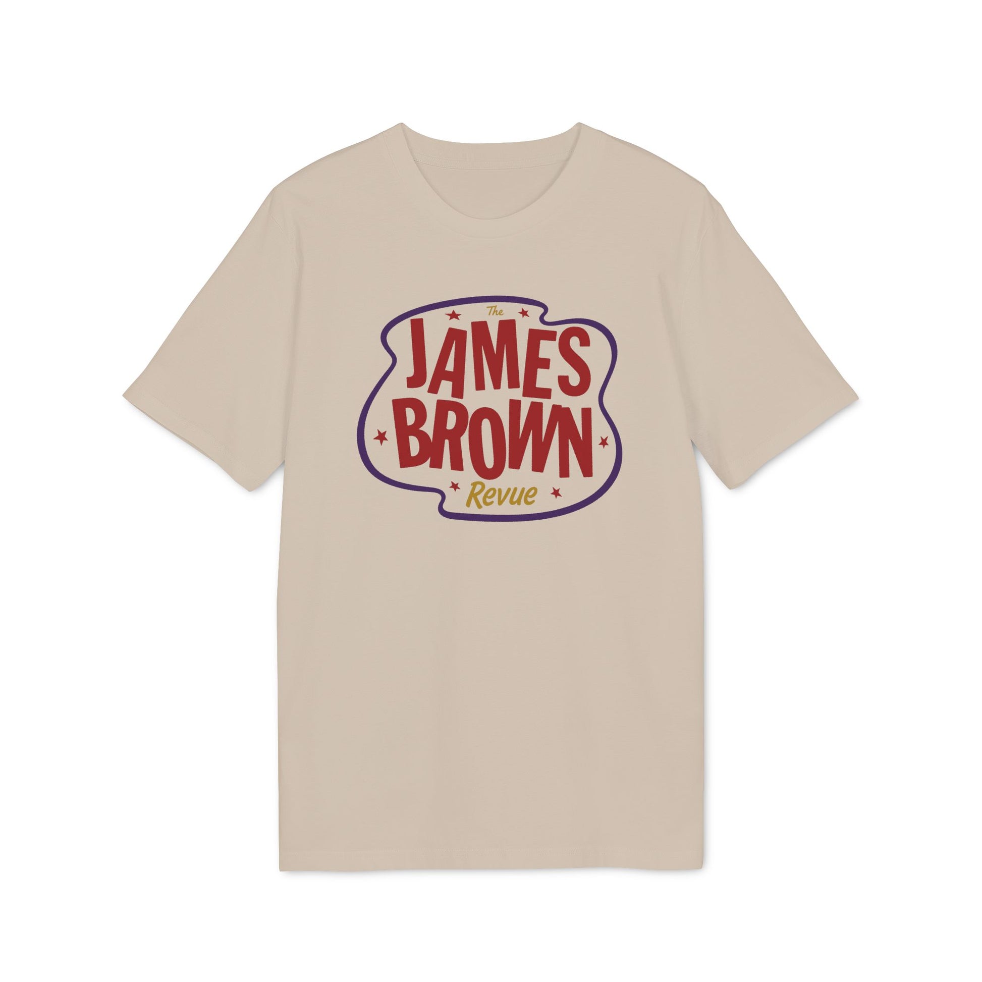 Tan t-shirt with The James Brown Revue logo in red and purple.