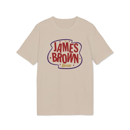 Tan t-shirt with The James Brown Revue logo in red and purple.