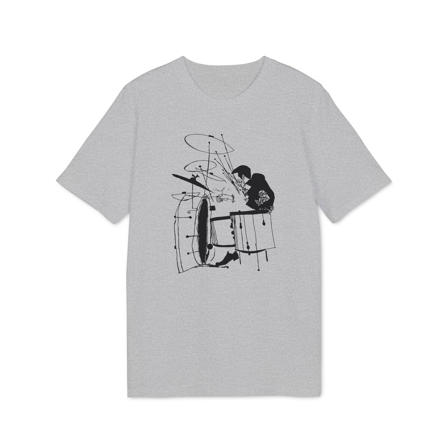 Grey t-shirt with a black line drawing of a drummer and drum set.