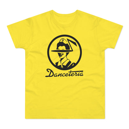 Yellow t-shirt with black "Danceteria" logo featuring a person in a hat.