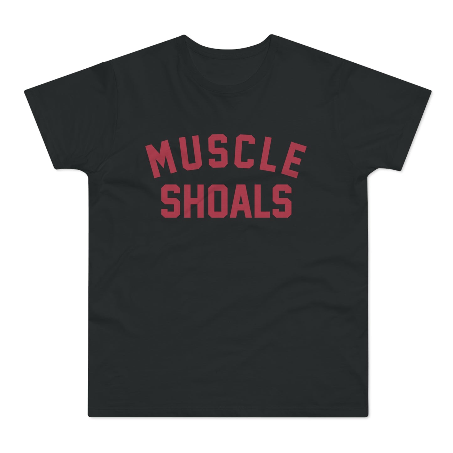 Black T-shirt with red "MUSCLE SHOALS" text printed on the chest.