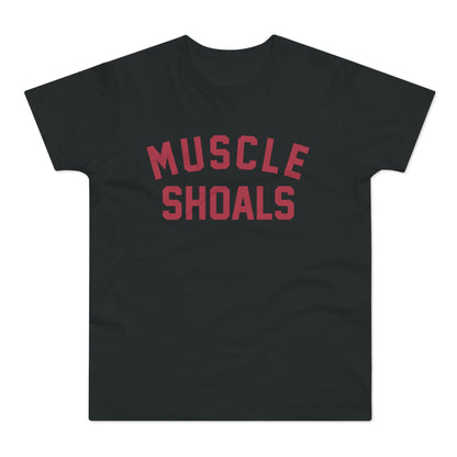 Black T-shirt with red "MUSCLE SHOALS" text printed on the chest.