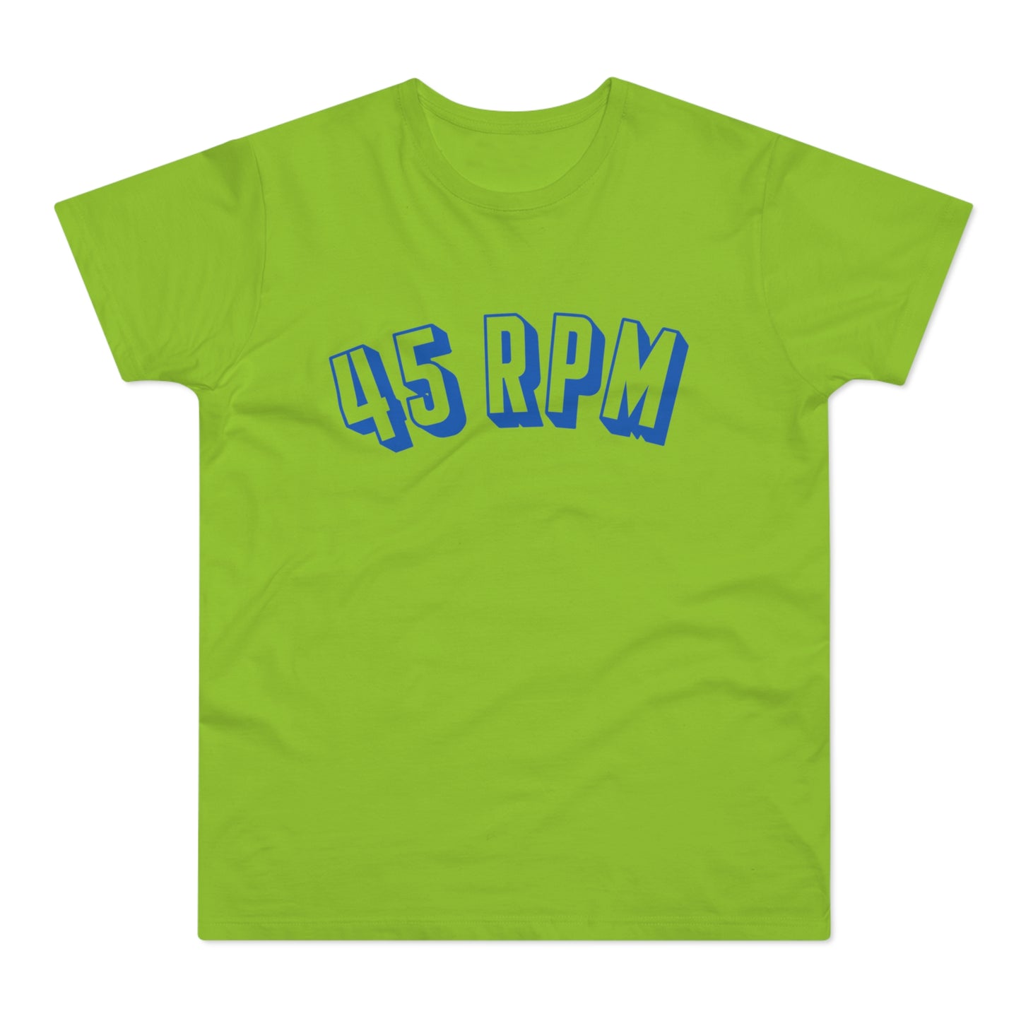 Lime green t-shirt with blue 3D text "45 RPM".