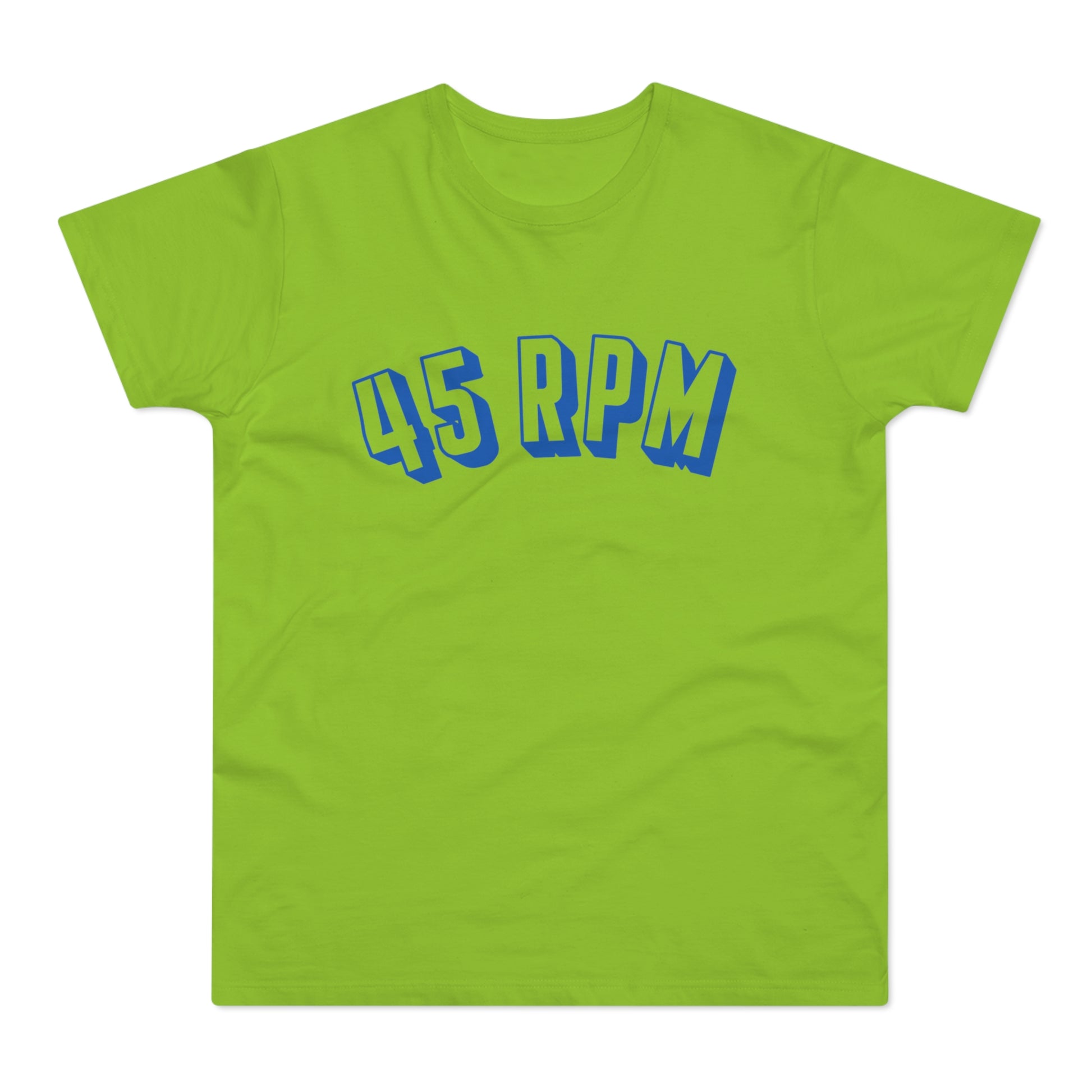 Lime green t-shirt with blue 3D text "45 RPM".