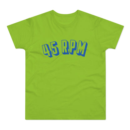 Lime green t-shirt with blue 3D text "45 RPM".