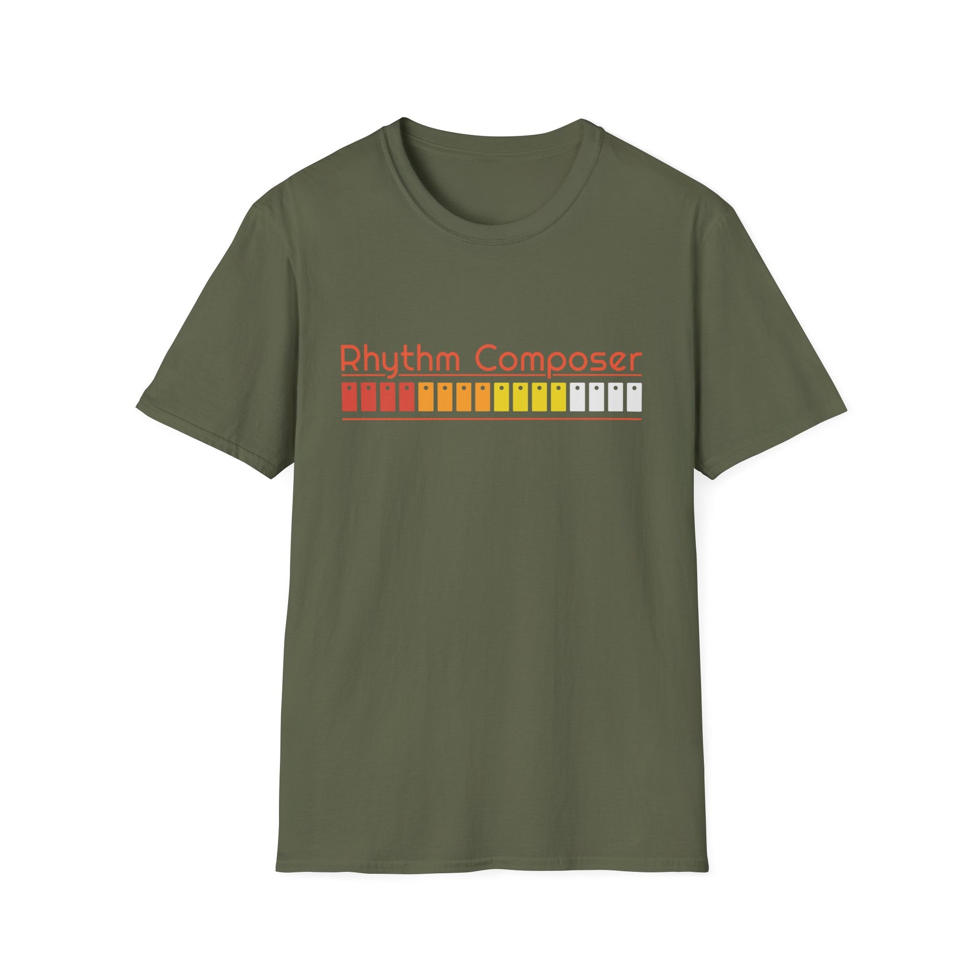 Olive green t-shirt with orange "Rhythm Composer" text and colorful bar graphic.