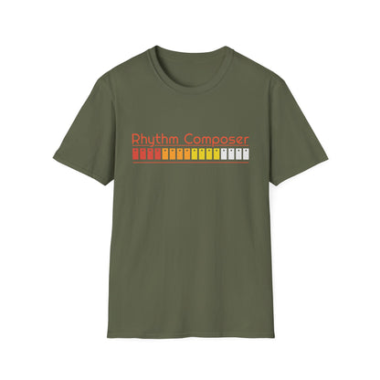 Olive green t-shirt with orange "Rhythm Composer" text and colorful bar graphic.