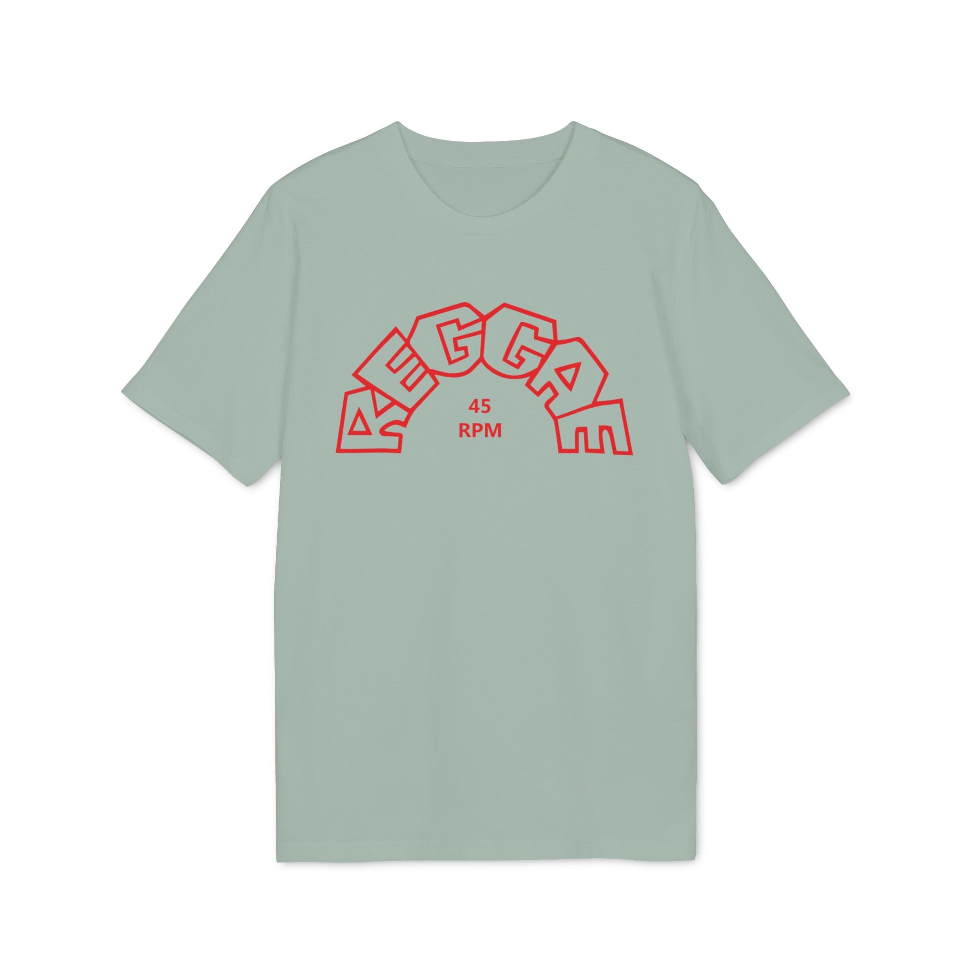 Light sage green t-shirt with red "MEGGA" text and "45 RPM" in the center.