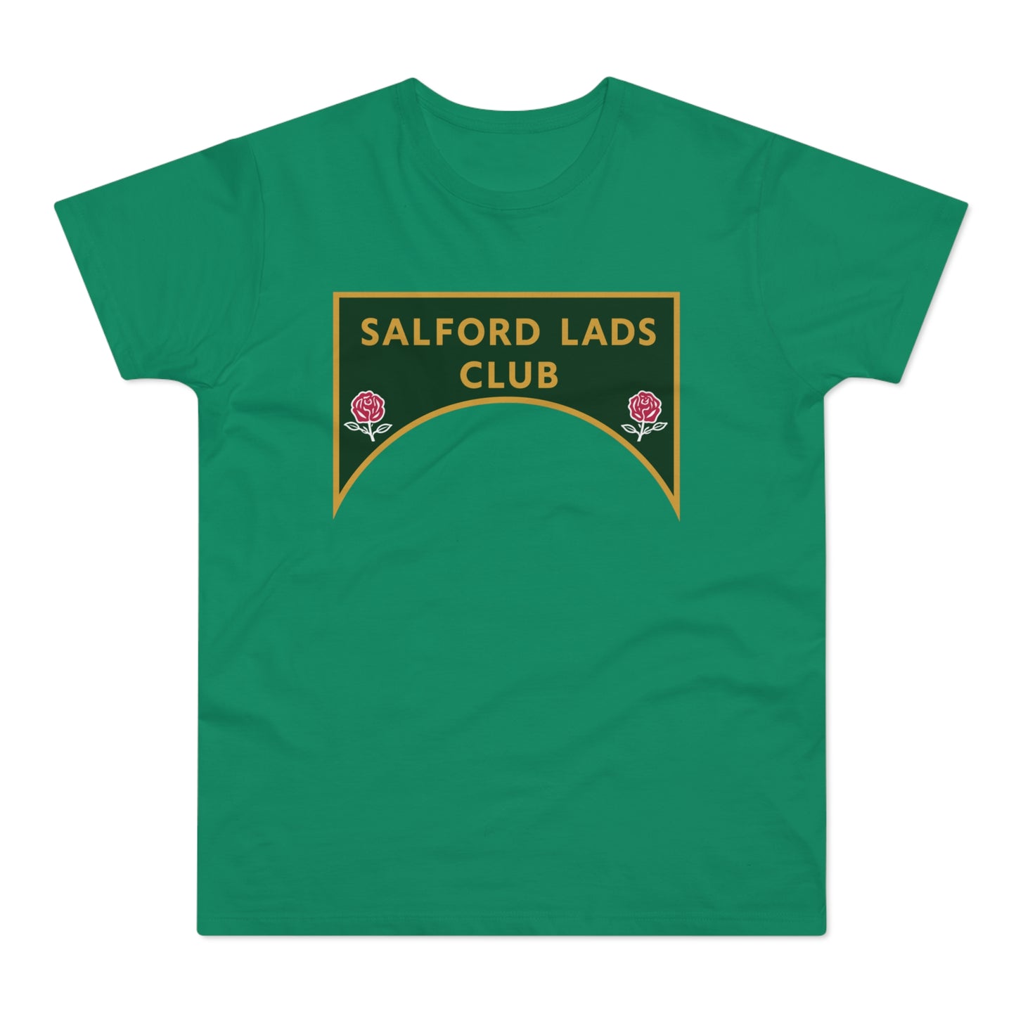 Green t-shirt with a dark green arched emblem reading "SALFORD LADS CLUB" with roses.