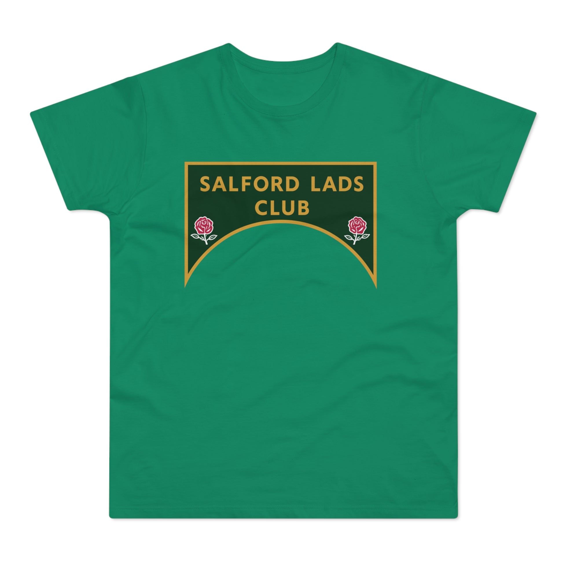 Green t-shirt with a dark green arched emblem reading "SALFORD LADS CLUB" with roses.