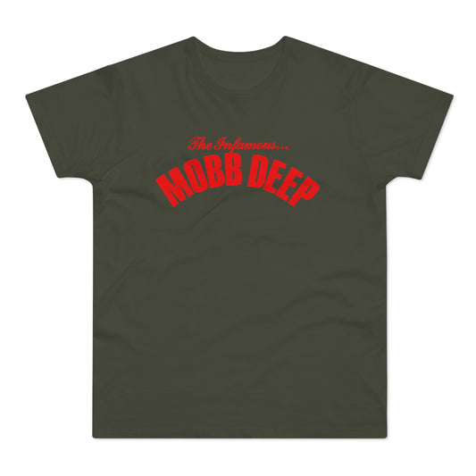 Dark green t-shirt with red "The Infamous... MOBB DEEP" graphic.
